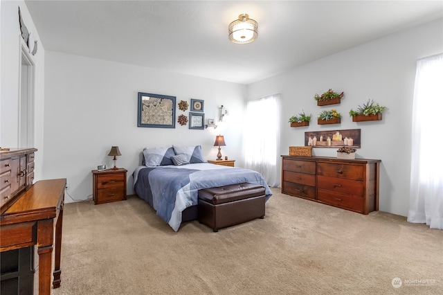 bedroom featuring light carpet and multiple windows