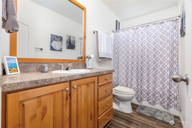 bathroom featuring vanity, toilet, and hardwood / wood-style floors