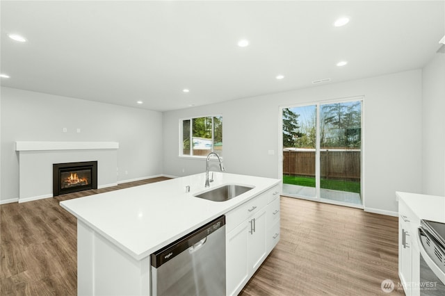 kitchen with stainless steel appliances, a sink, a glass covered fireplace, wood finished floors, and light countertops