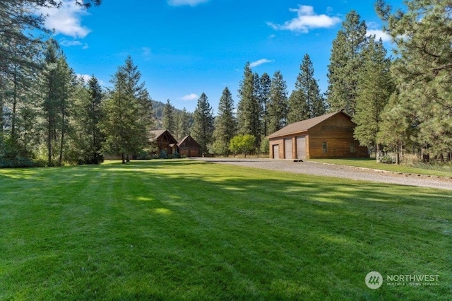 view of yard with a garage and an outdoor structure