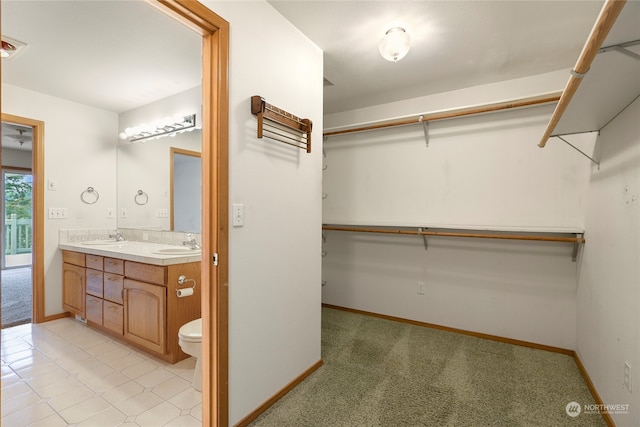 interior space with a sink, baseboards, and double vanity