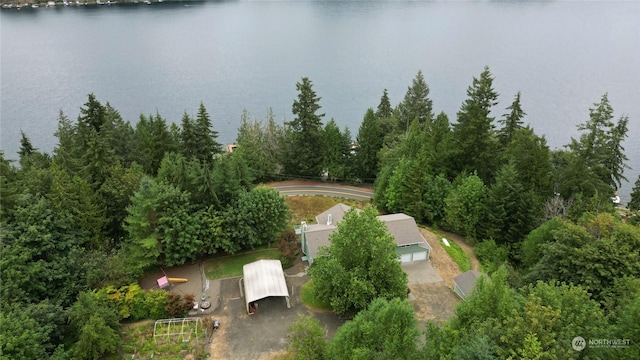 drone / aerial view featuring a water view