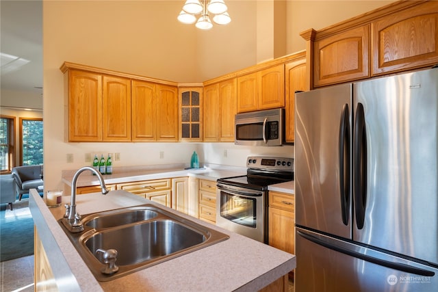 kitchen with appliances with stainless steel finishes, a notable chandelier, and sink