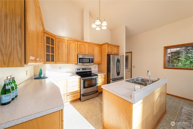 kitchen featuring a kitchen island with sink, sink, hanging light fixtures, stainless steel appliances, and a chandelier