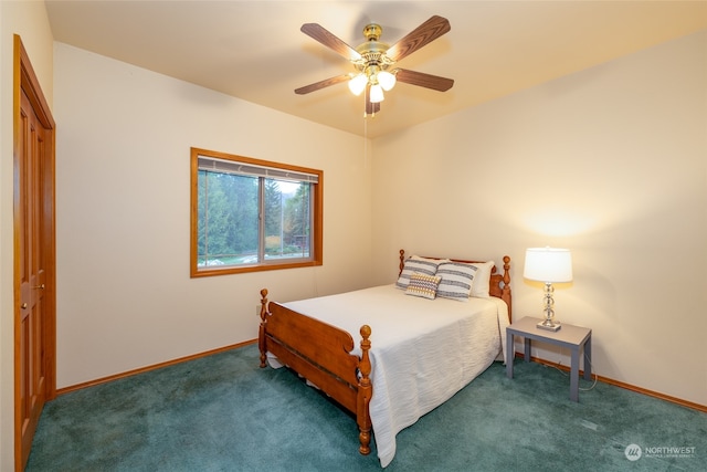 carpeted bedroom with a closet and ceiling fan