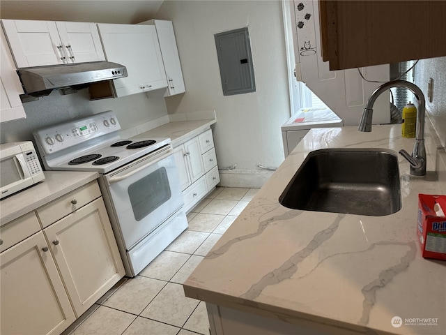 kitchen with white cabinetry, sink, white appliances, and electric panel