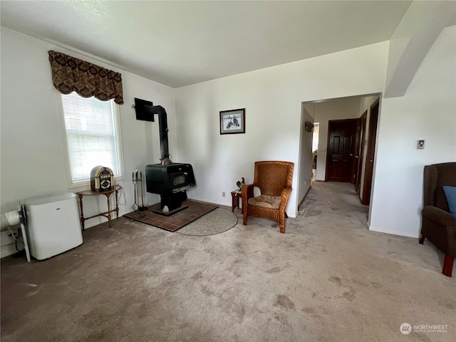 living area with carpet and a wood stove