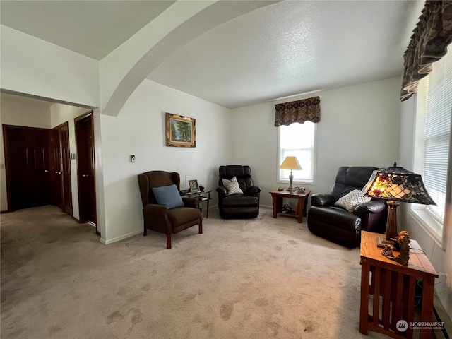 carpeted living room featuring a textured ceiling