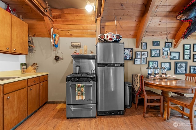 kitchen featuring wood ceiling, stainless steel fridge, light wood-type flooring, and gas range