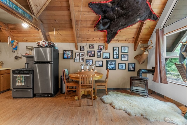 dining space with hardwood / wood-style flooring, lofted ceiling with beams, wood ceiling, and a wood stove