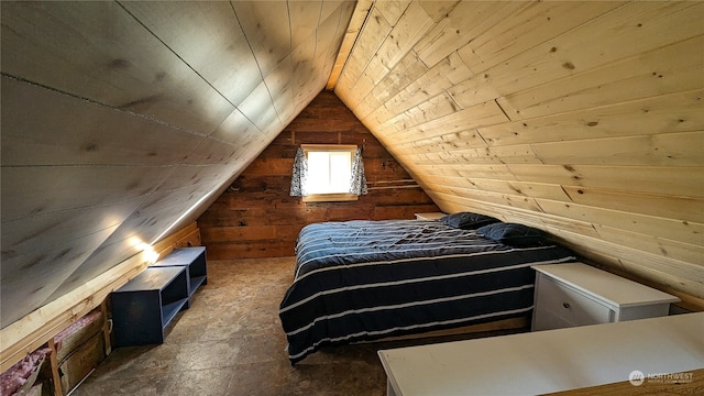 unfurnished bedroom featuring wooden ceiling, wooden walls, and vaulted ceiling