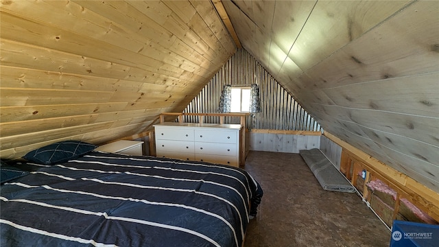 unfurnished bedroom with lofted ceiling, wood walls, wooden ceiling, and carpet flooring