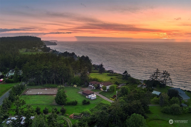 aerial view at dusk featuring a water view