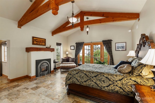 bedroom with tile floors, high vaulted ceiling, beam ceiling, and french doors