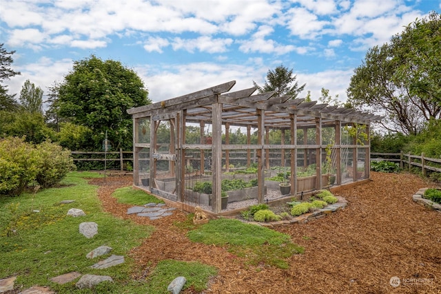 view of shed / structure with a pergola