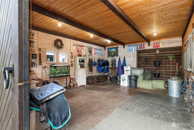 living room with beamed ceiling, wooden walls, and wood ceiling