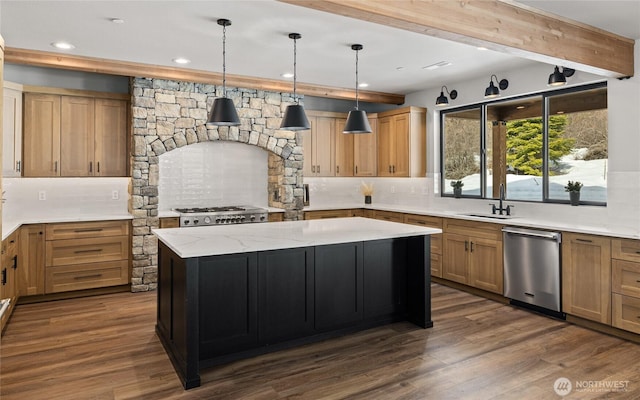 kitchen featuring dark wood finished floors, a sink, stainless steel dishwasher, and stove