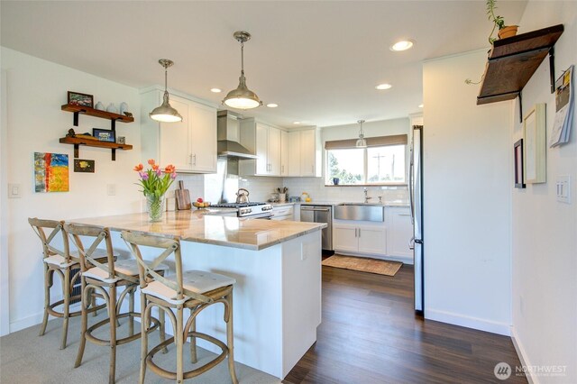 kitchen with a sink, white cabinets, a peninsula, stainless steel appliances, and wall chimney exhaust hood