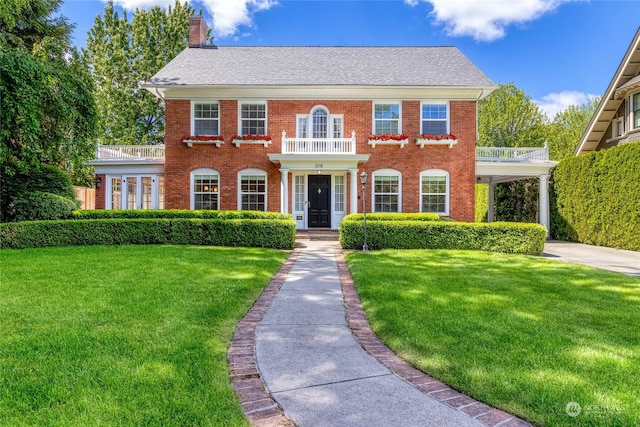 colonial home with a balcony and a front lawn