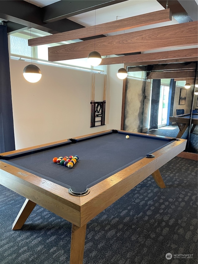 game room with carpet, beamed ceiling, and pool table