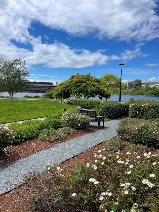 view of home's community with a water view and a lawn