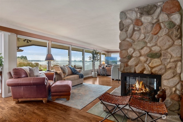 living room with a wealth of natural light, a fireplace, and light hardwood / wood-style floors