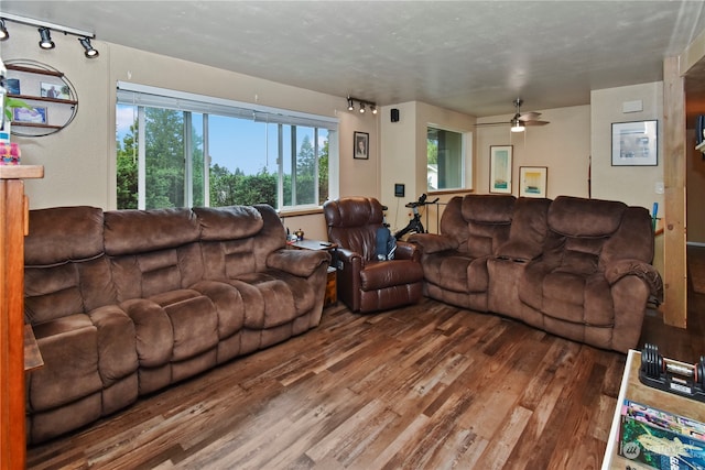 living room featuring hardwood / wood-style floors and ceiling fan