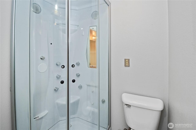 full bathroom featuring a stall shower and toilet