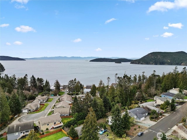 birds eye view of property with a residential view and a water and mountain view