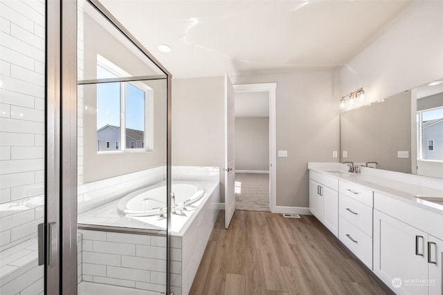 bathroom featuring double vanity, baseboards, wood finished floors, a garden tub, and a sink