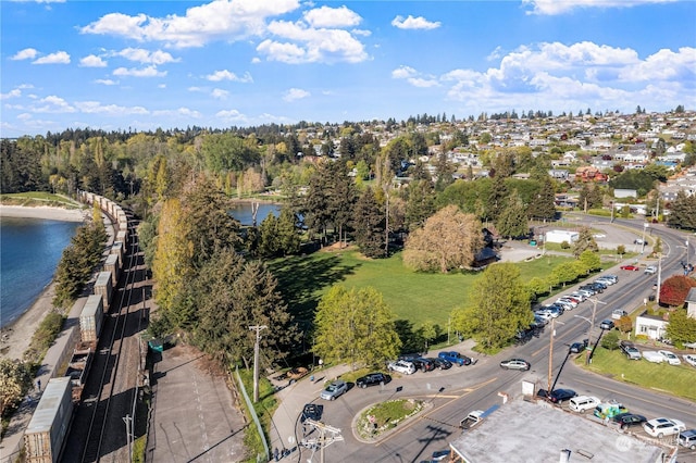 bird's eye view with a water view