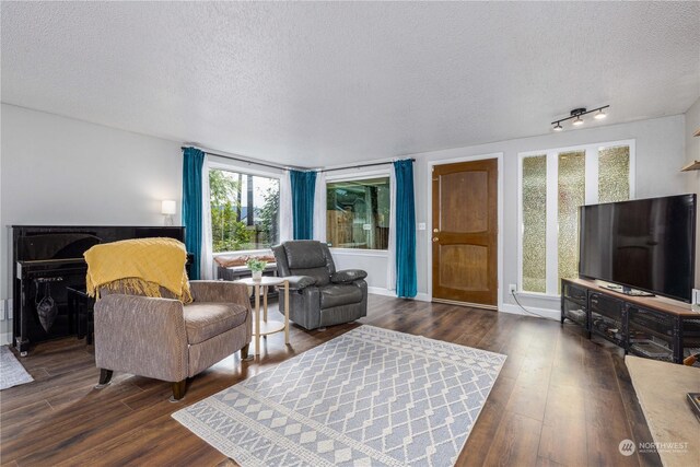 living room featuring a textured ceiling and dark hardwood / wood-style floors