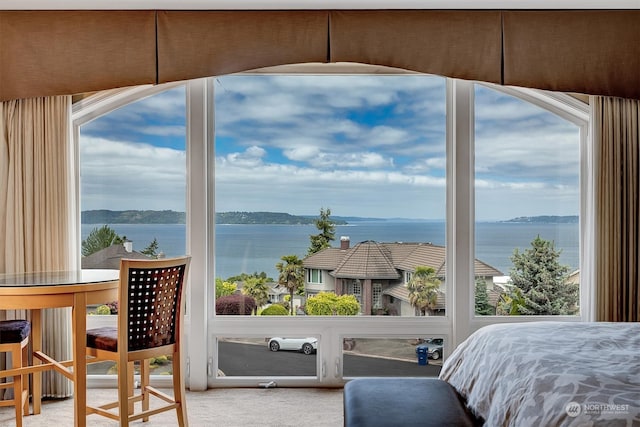 carpeted bedroom with a water view and multiple windows