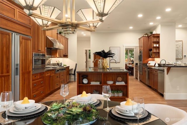 kitchen featuring appliances with stainless steel finishes, light hardwood / wood-style floors, extractor fan, and sink