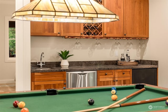 bar featuring dishwasher, billiards, custom exhaust hood, and sink