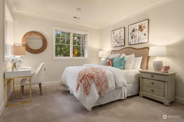 bedroom with light colored carpet and crown molding