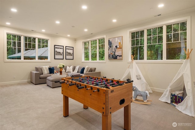 recreation room with light colored carpet and crown molding