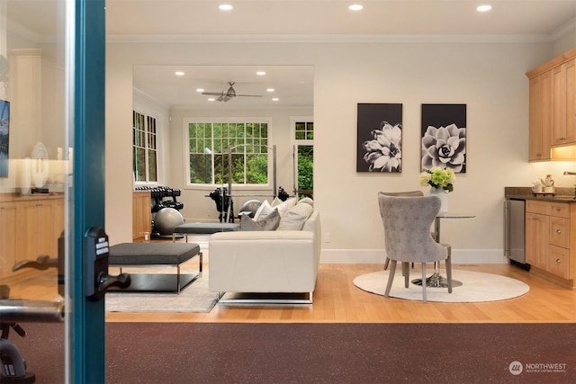 living room with light hardwood / wood-style floors, ceiling fan, crown molding, and sink