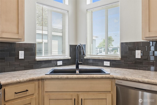 1260 Jones Dr, Walla Walla, WA 99362 - kitchen featuring backsplash, light brown cabinetry, a sink, and dishwasher