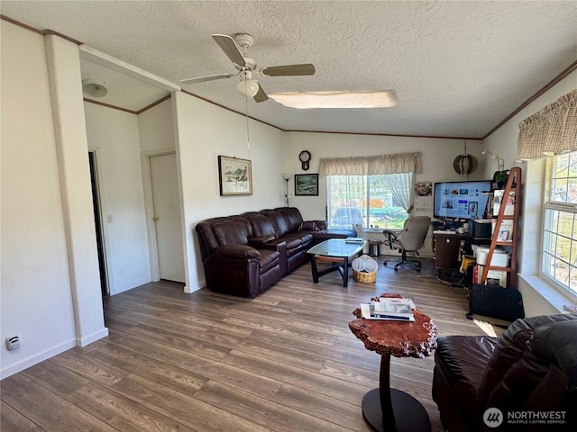 12 Moonlight Dr, Oroville, WA 98844 - living area with vaulted ceiling, wood finished floors, ceiling fan, a textured ceiling, and a desk