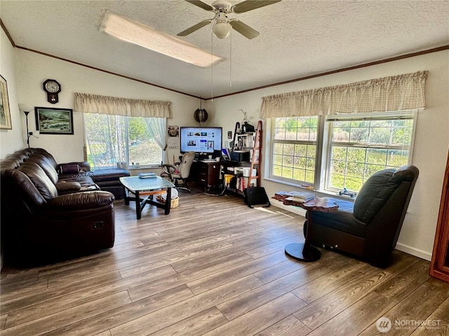 12 Moonlight Dr, Oroville, WA 98844 - living area with a textured ceiling, vaulted ceiling, wood finished floors, ceiling fan, and ornamental molding