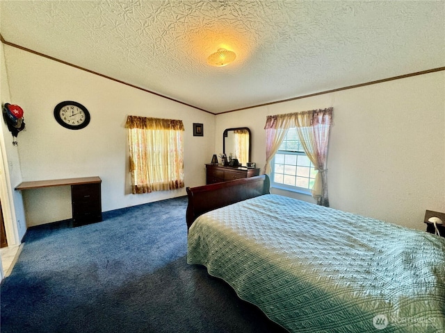 12 Moonlight Dr, Oroville, WA 98844 - carpeted bedroom with vaulted ceiling, a textured ceiling, and crown molding