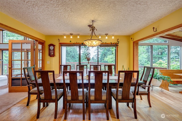 dining area with a textured ceiling, track lighting, and wood-type flooring