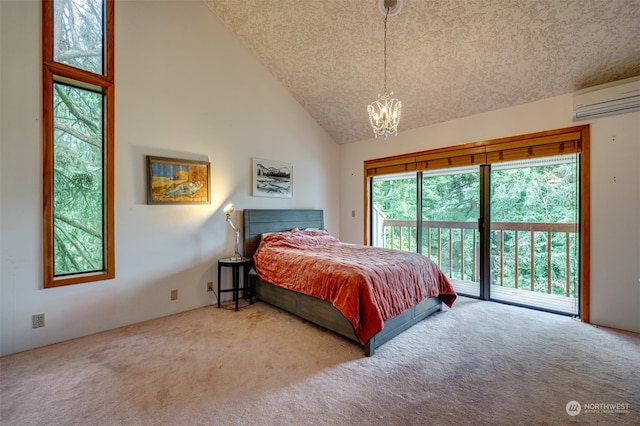 bedroom featuring a textured ceiling, access to outside, high vaulted ceiling, carpet, and a notable chandelier