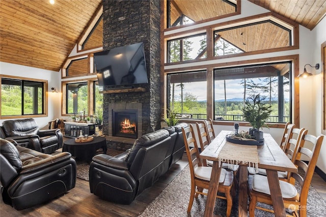 living room featuring a fireplace, wood-type flooring, high vaulted ceiling, and wooden ceiling