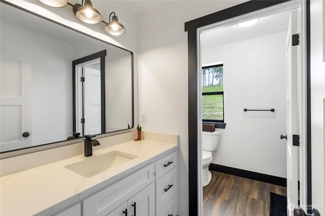 bathroom with vanity, hardwood / wood-style flooring, and toilet