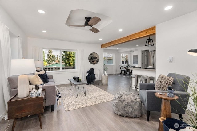 living room featuring hardwood / wood-style flooring and ceiling fan