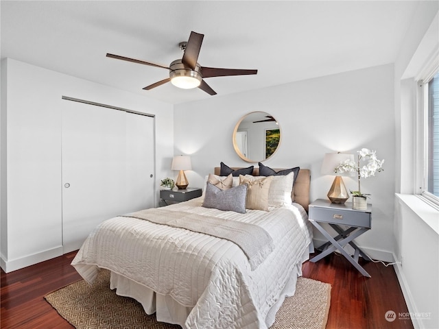 bedroom featuring a closet, ceiling fan, and dark hardwood / wood-style flooring