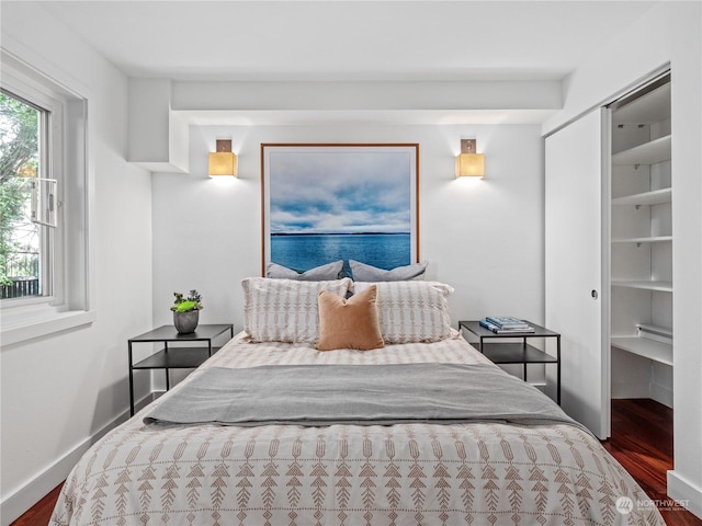 bedroom with a closet and hardwood / wood-style flooring