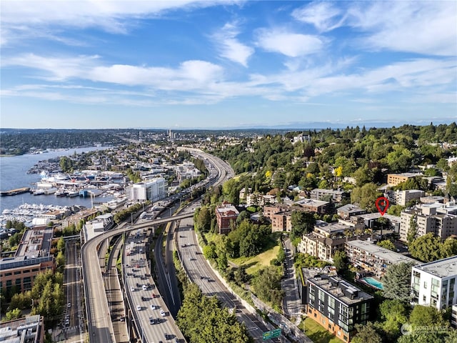 aerial view featuring a water view